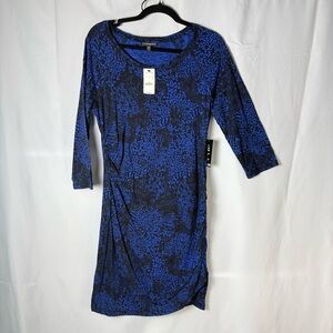 Express Womens Blue Black Long Sleeve Dress Medium Ruched Leopard Print Crinkle
